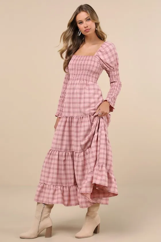 Pointe Check Pink Plaid Smocked Tiered Long Sleeve Midi Dress sold by Lulus