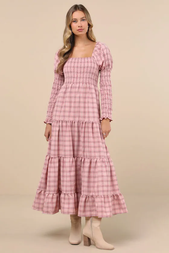 Pointe Check Pink Plaid Smocked Tiered Long Sleeve Midi Dress sold by Lulus product image thumbnail 2