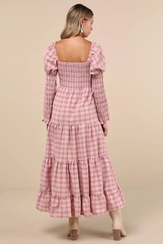 Pointe Check Pink Plaid Smocked Tiered Long Sleeve Midi Dress sold by Lulus product image thumbnail 3