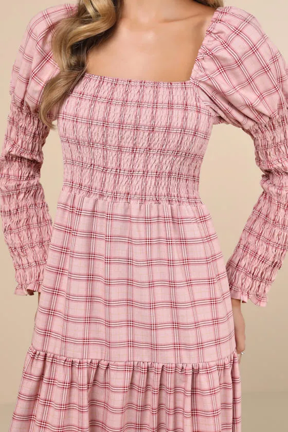 Pointe Check Pink Plaid Smocked Tiered Long Sleeve Midi Dress sold by Lulus product image thumbnail 4