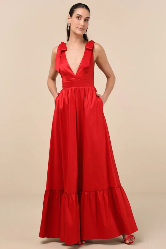 Rare Charm Red Taffeta Tie-Strap Maxi Dress With Pockets sold by Lulus