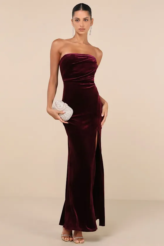 Perfectly Captivating Plum Purple Velvet Strapless Maxi Dress sold by Lulus