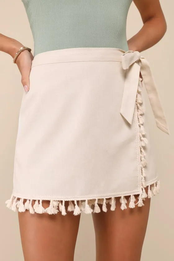Breezy Chicness Beige Tassel Fringe Faux-Wrap Mini Skort sold by Lulus product image thumbnail 2