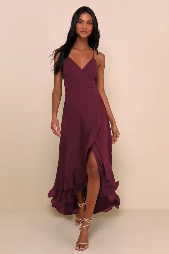In Love Forever Plum Lace-Up High-Low Maxi Dress sold by Lulus