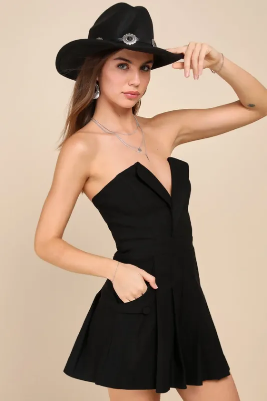 Unique Charisma Black Pleated Strapless Notch Neck Romper sold by Lulus