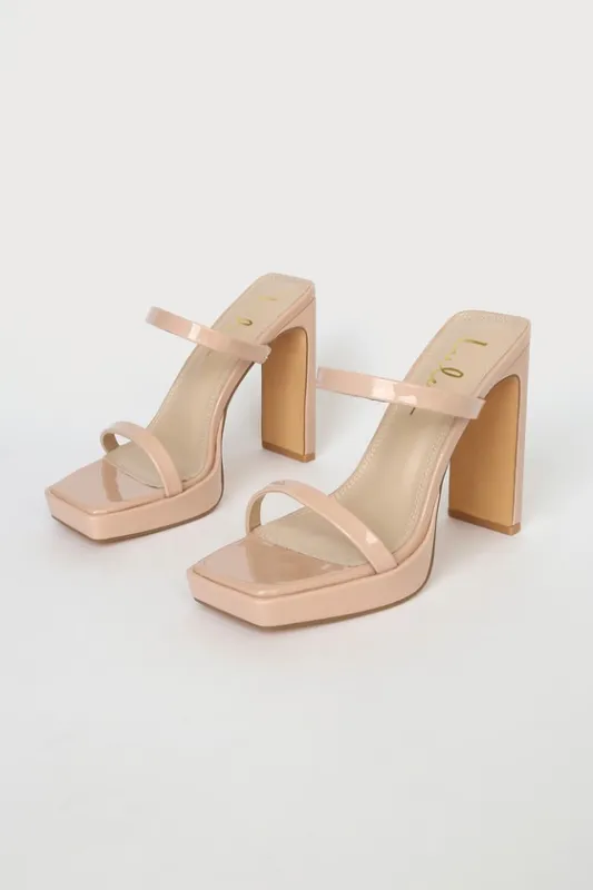 Fausee Light Nude Patent Square Toe Platform Slide Sandals sold by Lulus