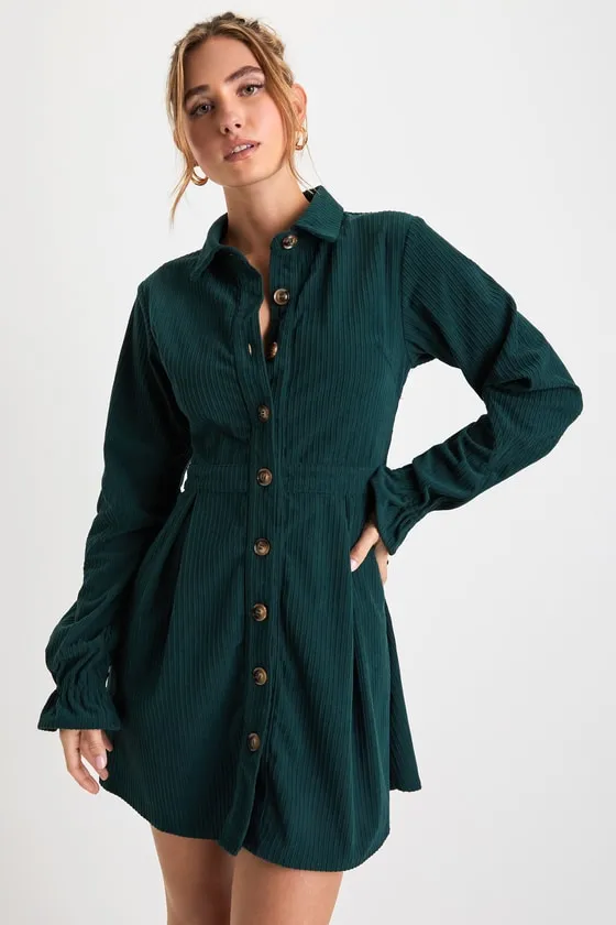 Autumn Mood Emerald Green Corduroy Mini Dress With Pockets sold by Lulus