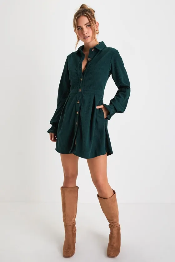 Autumn Mood Emerald Green Corduroy Mini Dress With Pockets sold by Lulus product image thumbnail 2
