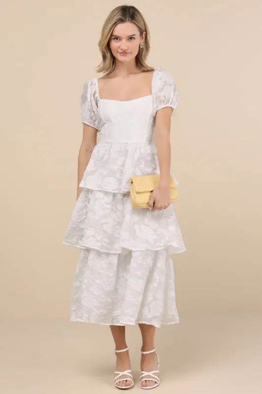 Mesmerizing Sweetheart Ivory Jacquard Puff Sleeve Midi Dress sold by Lulus