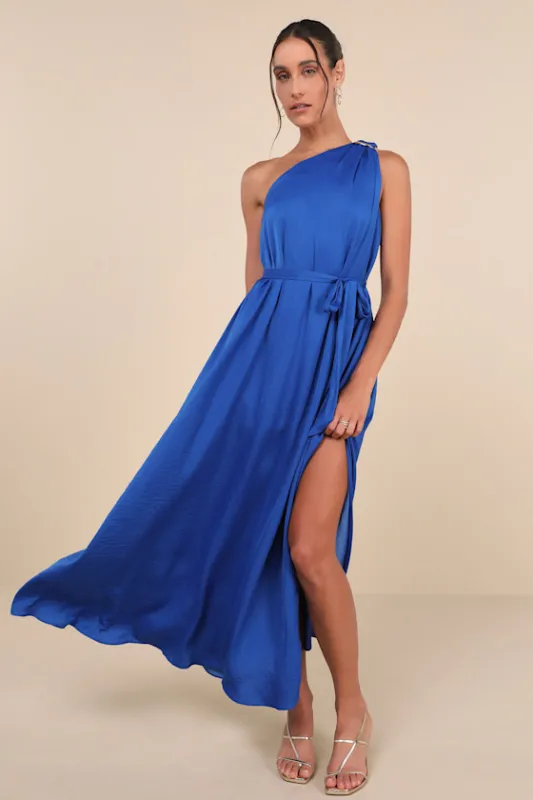 Goddess Aura Cobalt Blue Satin One-Shoulder Maxi Dress sold by Lulus