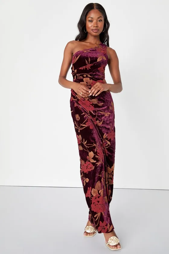 Unreal Awe Burgundy Floral Burnout Velvet One-Shoulder Dress sold by Lulus