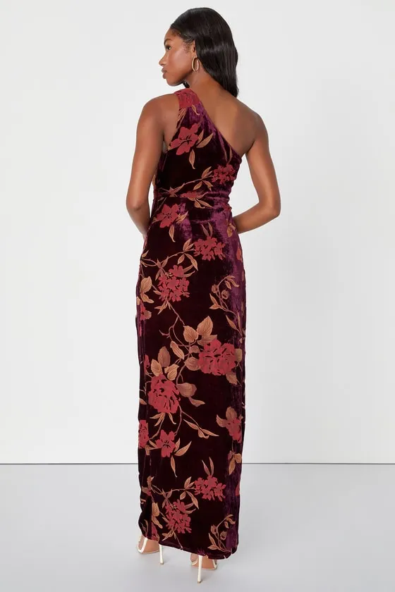 Unreal Awe Burgundy Floral Burnout Velvet One-Shoulder Dress sold by Lulus product image thumbnail 2