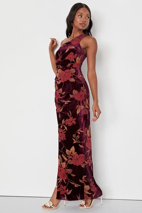Unreal Awe Burgundy Floral Burnout Velvet One-Shoulder Dress sold by Lulus product image thumbnail 3