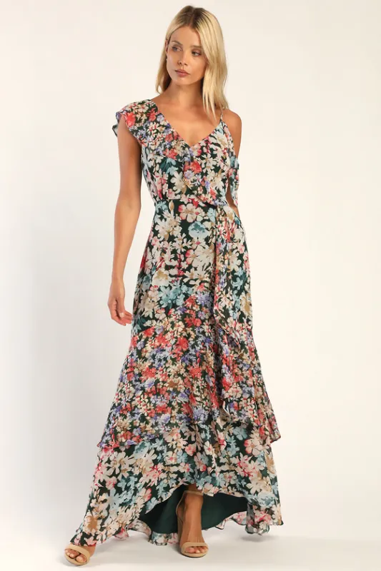 Radiant Hunter Green Floral Print Chiffon Maxi Dress sold by Lulus