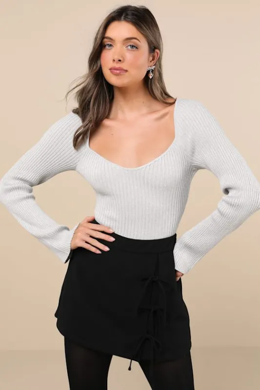 Effervescent Babe Shiny Silver Lurex Ribbed Long Sleeve Top sold by Lulus