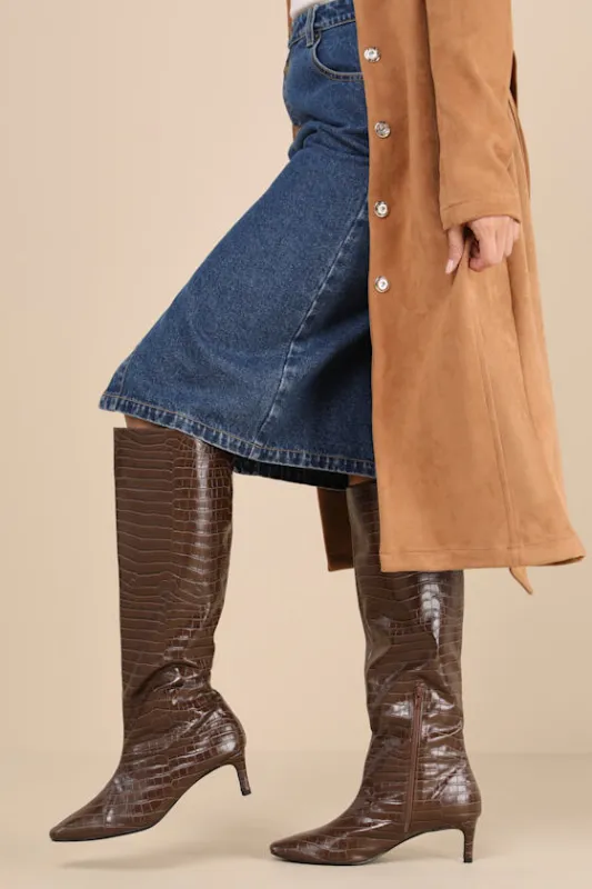 Rohmer Chocolate Croc-Embossed Over-the-Knee Boots sold by Lulus