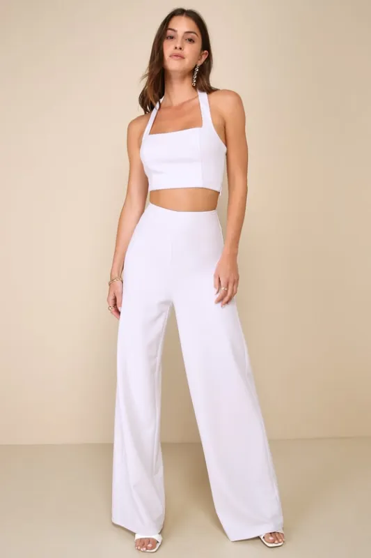 Compelling Perfection White Halter Wide-Leg Two-Piece Jumpsuit sold by Lulus