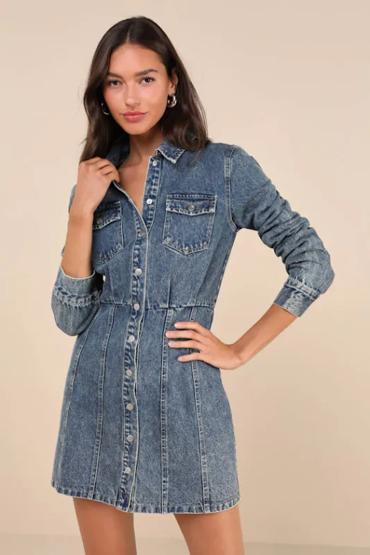 Trendy Approach Medium Wash Button-Front Long Sleeve Denim Dress sold by Lulus