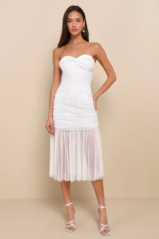 Sparkling Babe White Mesh Rhinestone Ruched Strapless Midi Dress sold by Lulus