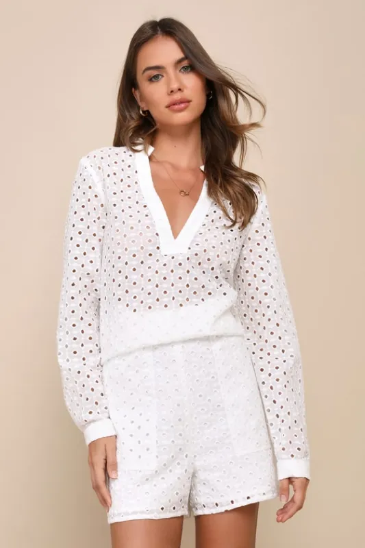 Caribbean Chic Ivory Cotton Eyelet Embroidered High-Rise Shorts sold by Lulus
