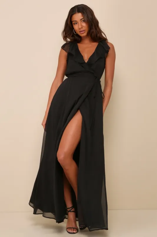Adorable Elegance Black Chiffon Ruffled Backless Wrap Maxi Dress sold by Lulus