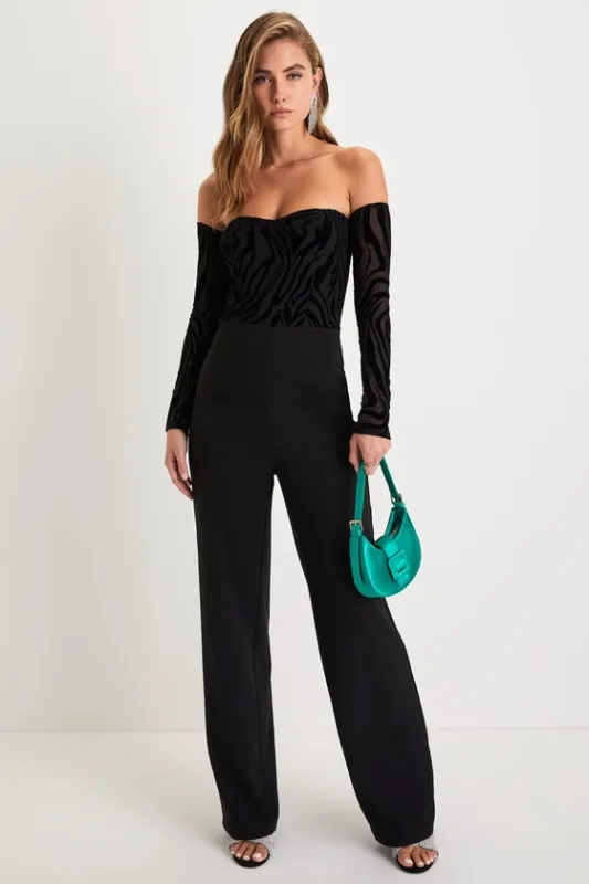 Stunning Occasion Black Burnout Velvet Off-the-Shoulder Jumpsuit sold by Lulus