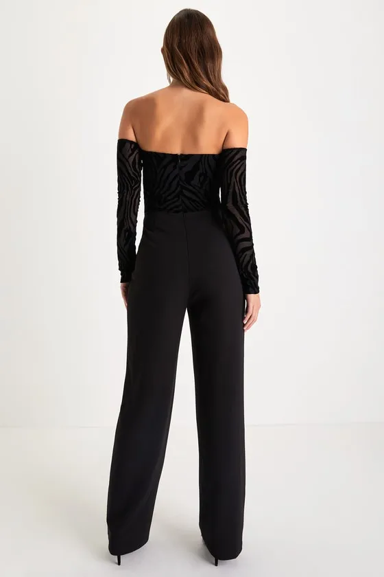 Stunning Occasion Black Burnout Velvet Off-the-Shoulder Jumpsuit sold by Lulus product image thumbnail 2