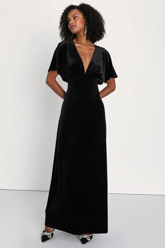Mystical Charm Black Velvet Flutter Sleeve Maxi Dress sold by Lulus