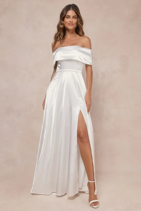 Greatest Hits White Satin Off-the-Shoulder Maxi Dress sold by Lulus
