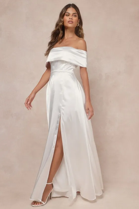 Greatest Hits White Satin Off-the-Shoulder Maxi Dress sold by Lulus product image thumbnail 3