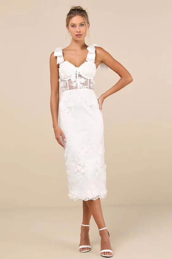 Exquisite Charisma White 3D Floral Bustier Tie-Strap Midi Dress sold by Lulus