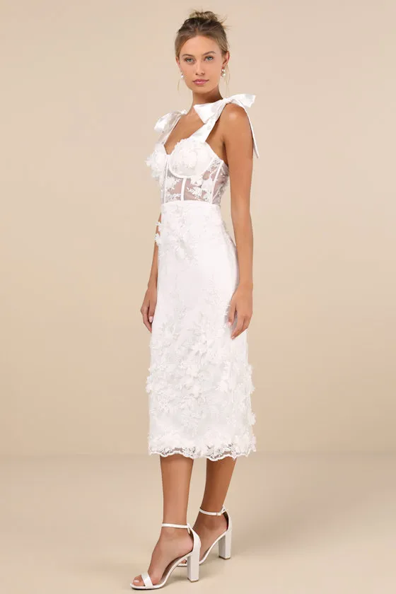 Exquisite Charisma White 3D Floral Bustier Tie-Strap Midi Dress sold by Lulus product image thumbnail 2