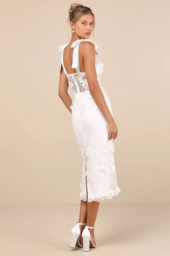 Exquisite Charisma White 3D Floral Bustier Tie-Strap Midi Dress sold by Lulus product image thumbnail 3