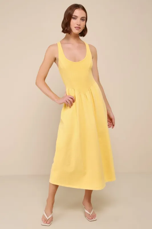 Summer Beauty Light Yellow Ribbed Twist-Back Midi Dress sold by Lulus