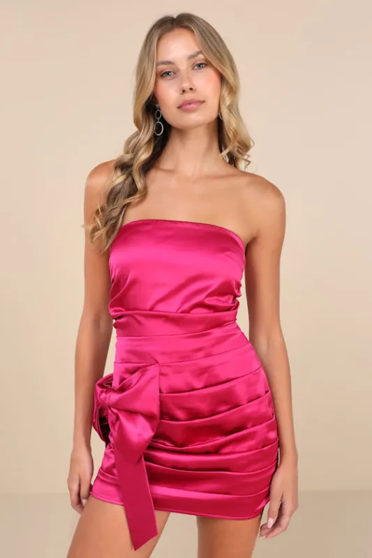 Major Event Fuchsia Satin Strapless Ruched Bow Mini Dress sold by Lulus