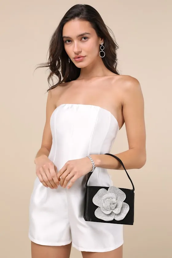 Gwenda Black Satin Rhinestone Flower Mini Handbag sold by Lulus