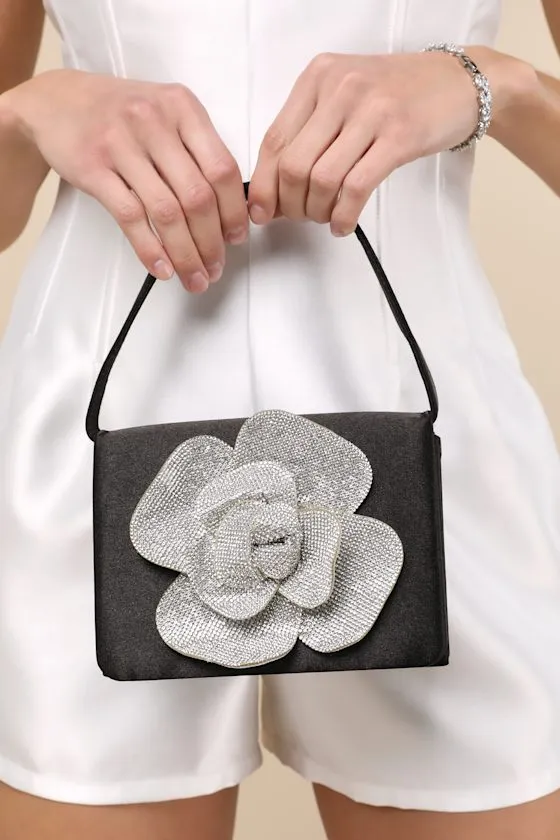 Gwenda Black Satin Rhinestone Flower Mini Handbag sold by Lulus product image thumbnail 3