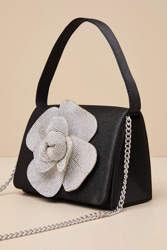 Gwenda Black Satin Rhinestone Flower Mini Handbag sold by Lulus product image thumbnail 4
