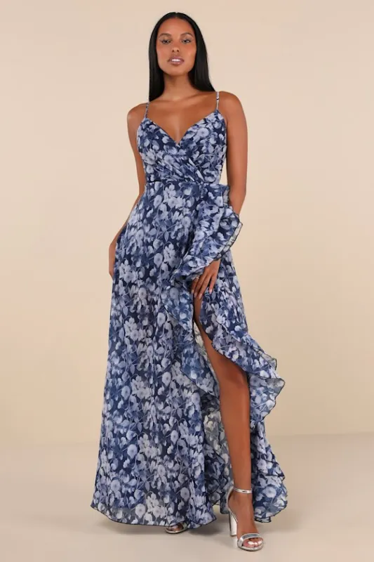 Illustrious Aura Navy Blue Floral Ruffled Surplice Maxi Dress sold by Lulus