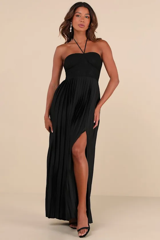 Certainly Poised Black Lace Halter Bustier Maxi Dress sold by Lulus