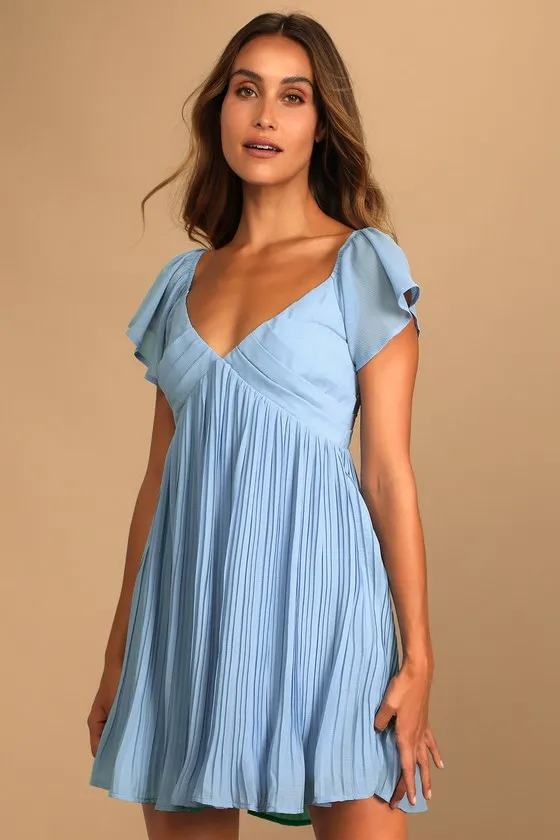 Amalfi Coast Light Blue Pleated Flutter Sleeve Mini Dress sold by Lulus
