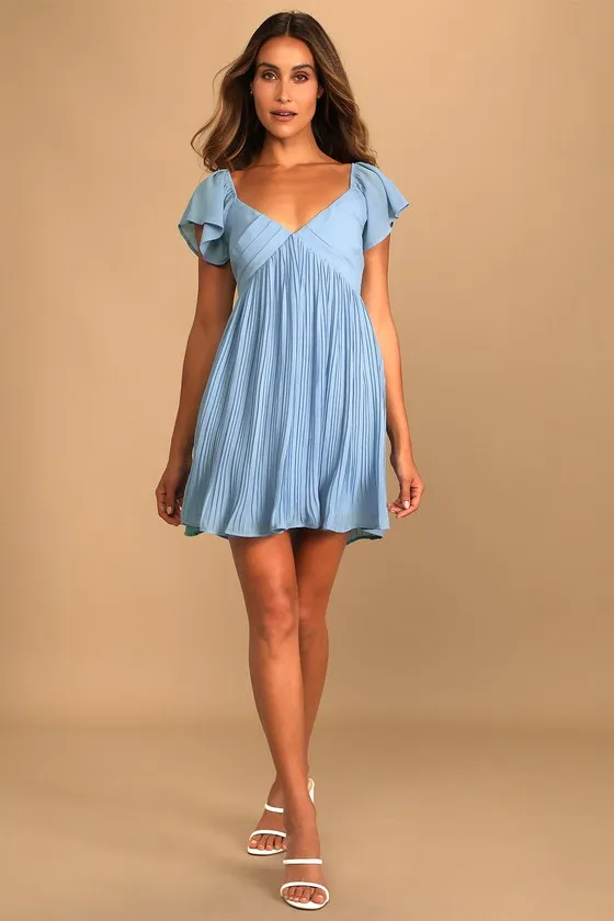 Amalfi Coast Light Blue Pleated Flutter Sleeve Mini Dress sold by Lulus product image thumbnail 2