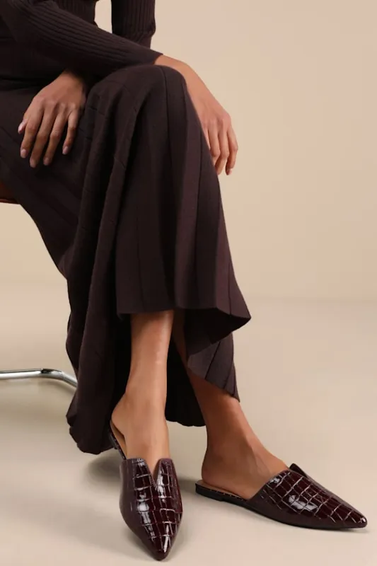 Jaelyn Cranberry Crocodile Embossed Pointed-Toe Slides sold by Lulus