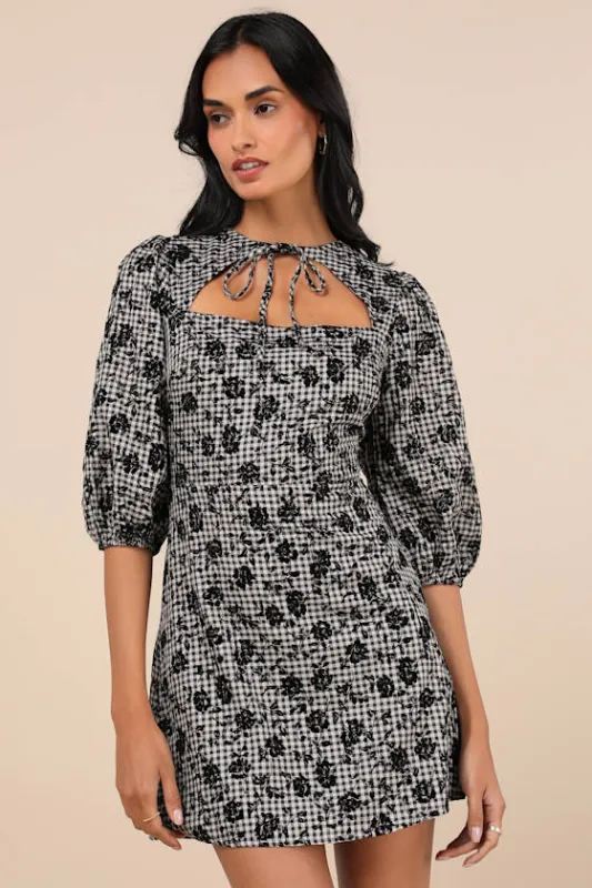 Persistent Poise Black Gingham Jacquard Tie-Neck Mini Dress sold by Lulus