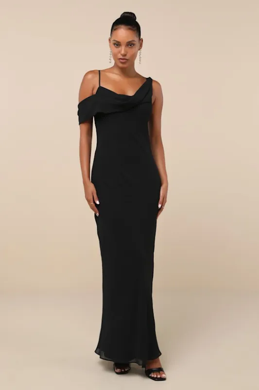 Exemplary Impression Black Asymmetrical Cowl Maxi Dress sold by Lulus