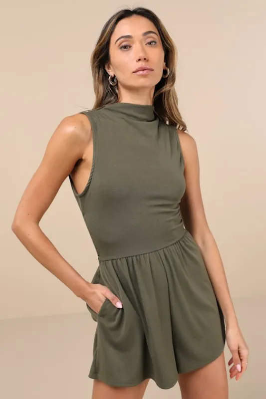 Perfectly Easygoing Olive Green Funnel Neck Cutout Lounge Romper made by Lulus