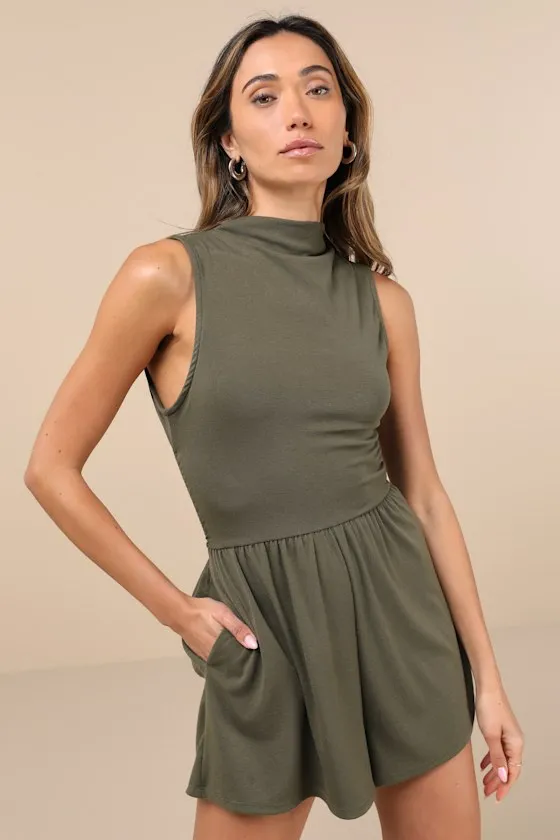 Perfectly Easygoing Olive Green Funnel Neck Cutout Lounge Romper sold by Lulus