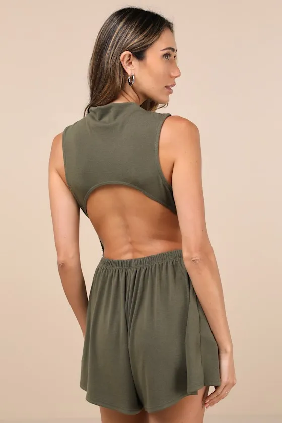 Perfectly Easygoing Olive Green Funnel Neck Cutout Lounge Romper sold by Lulus product image thumbnail 2