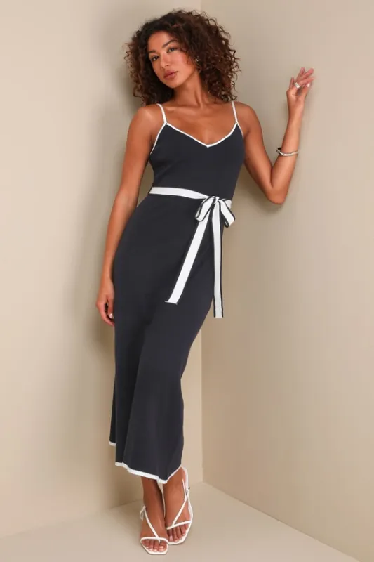 Chic Picture Navy Blue Color Block Sleeveless Midi Sweater Dress sold by Lulus