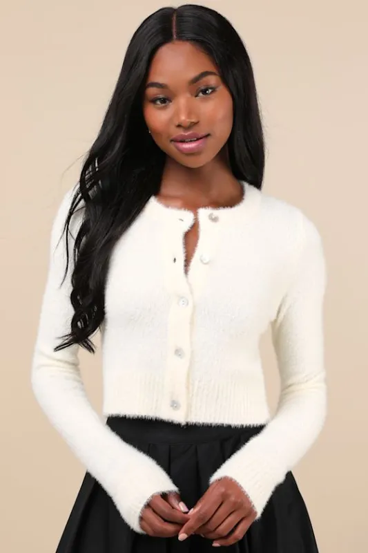 Cozy Sweetness Ivory Eyelash Knit Cropped Cardigan sold by Lulus